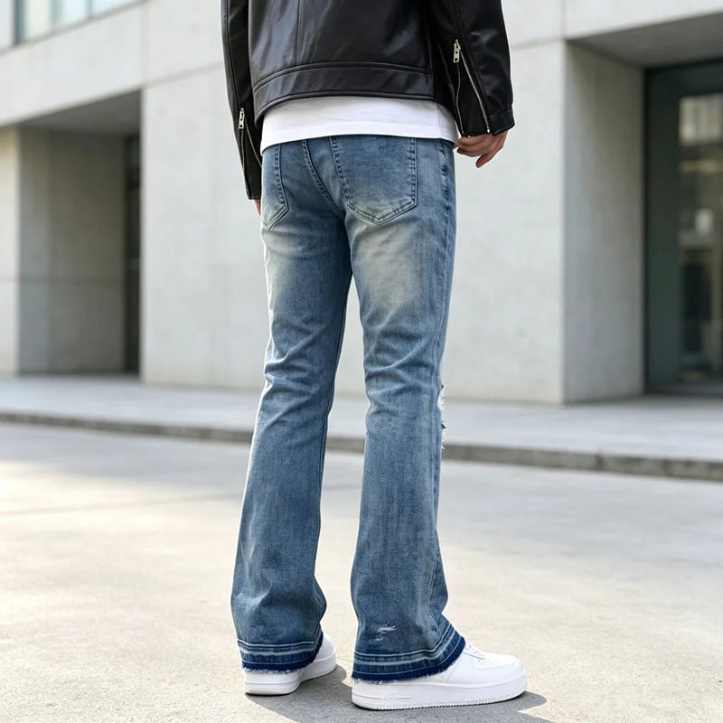 Blue Men's Ripped Slim-Fit Flared Jeans with Frayed Hem - Back Full