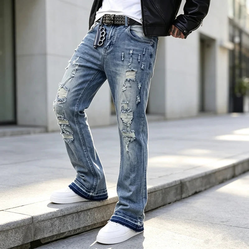 Blue Men's Ripped Slim-Fit Flared Jeans with Frayed Hem - Front Full