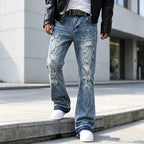 Blue Men's Ripped Slim-Fit Flared Jeans with Frayed Hem - Front Walking