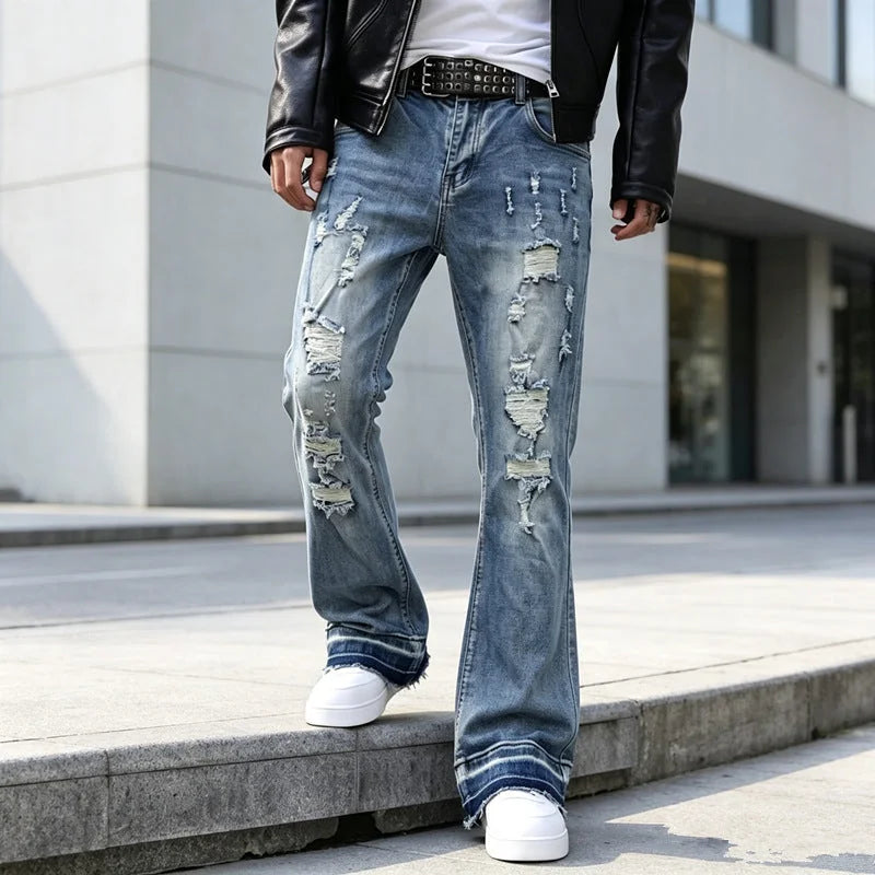 Blue Men's Ripped Slim-Fit Flared Jeans with Frayed Hem - Front Walking