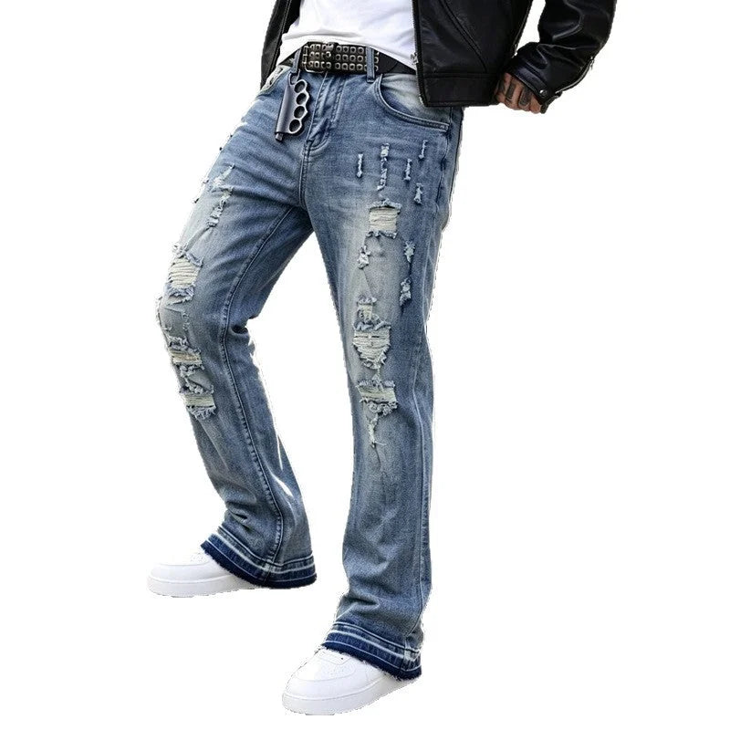 Blue Men's Ripped Slim-Fit Flared Jeans with Frayed Hem - Studio Standing