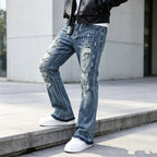 Blue Men's Ripped Slim-Fit Flared Jeans with Frayed Hem