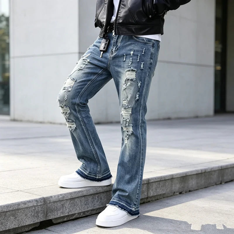 Blue Men's Ripped Slim-Fit Flared Jeans with Frayed Hem