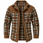 Brown Check Men's Checked Shirt Jacket with Sherpa Lining & Button-Front Closure