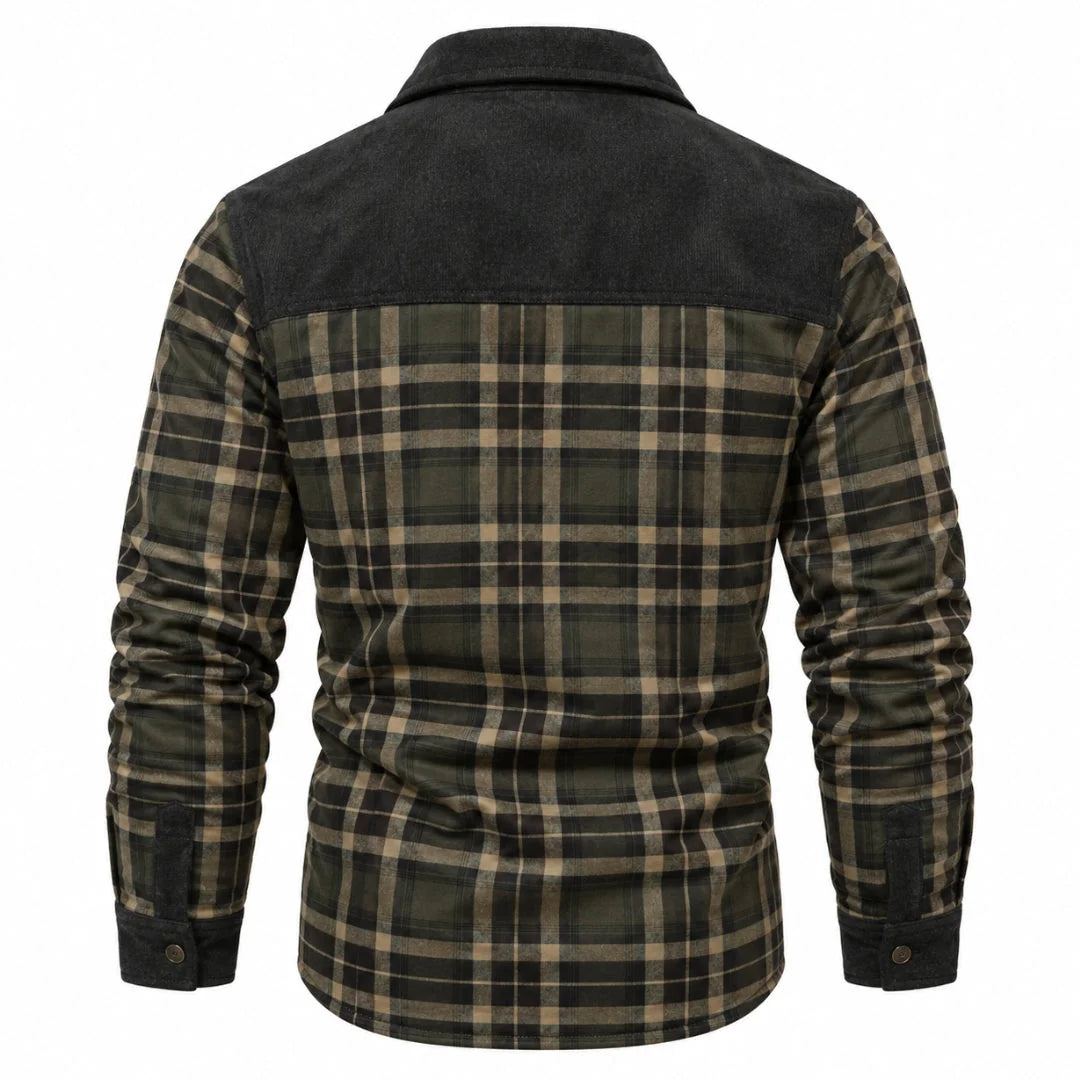 Men's Checked Shirt Jacket with Sherpa Lining & Button-Front Closure - Back Full
