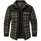 Dark Olive Check Men's Checked Shirt Jacket with Sherpa Lining & Button-Front Closure