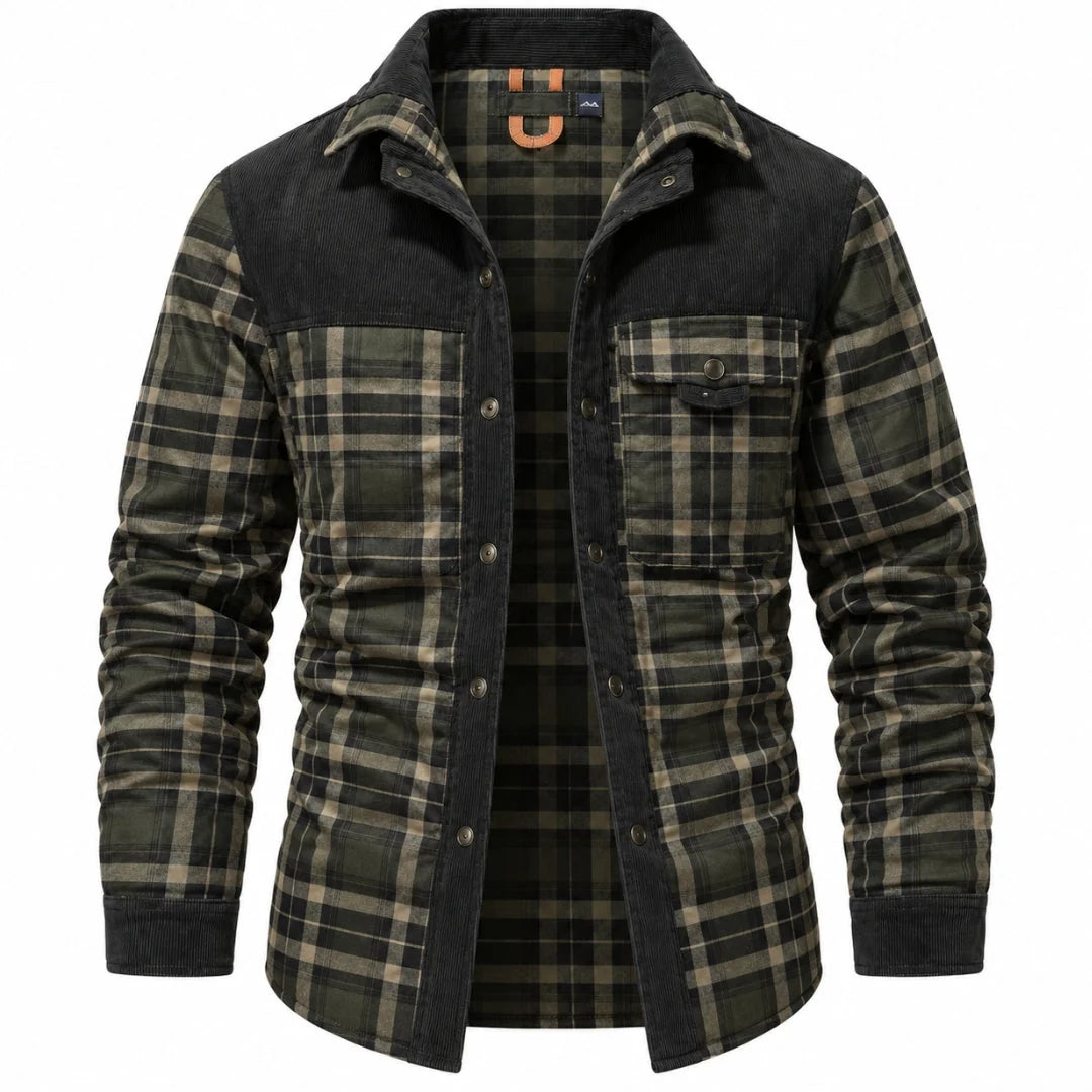 Dark Olive Check Men's Checked Shirt Jacket with Sherpa Lining & Button-Front Closure
