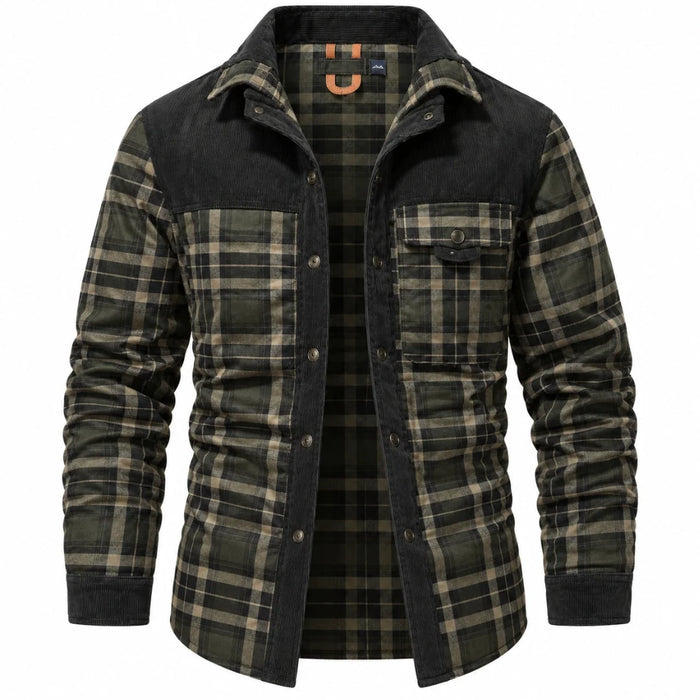 Dark Olive Check Men's Checked Shirt Jacket with Sherpa Lining & Button-Front Closure
