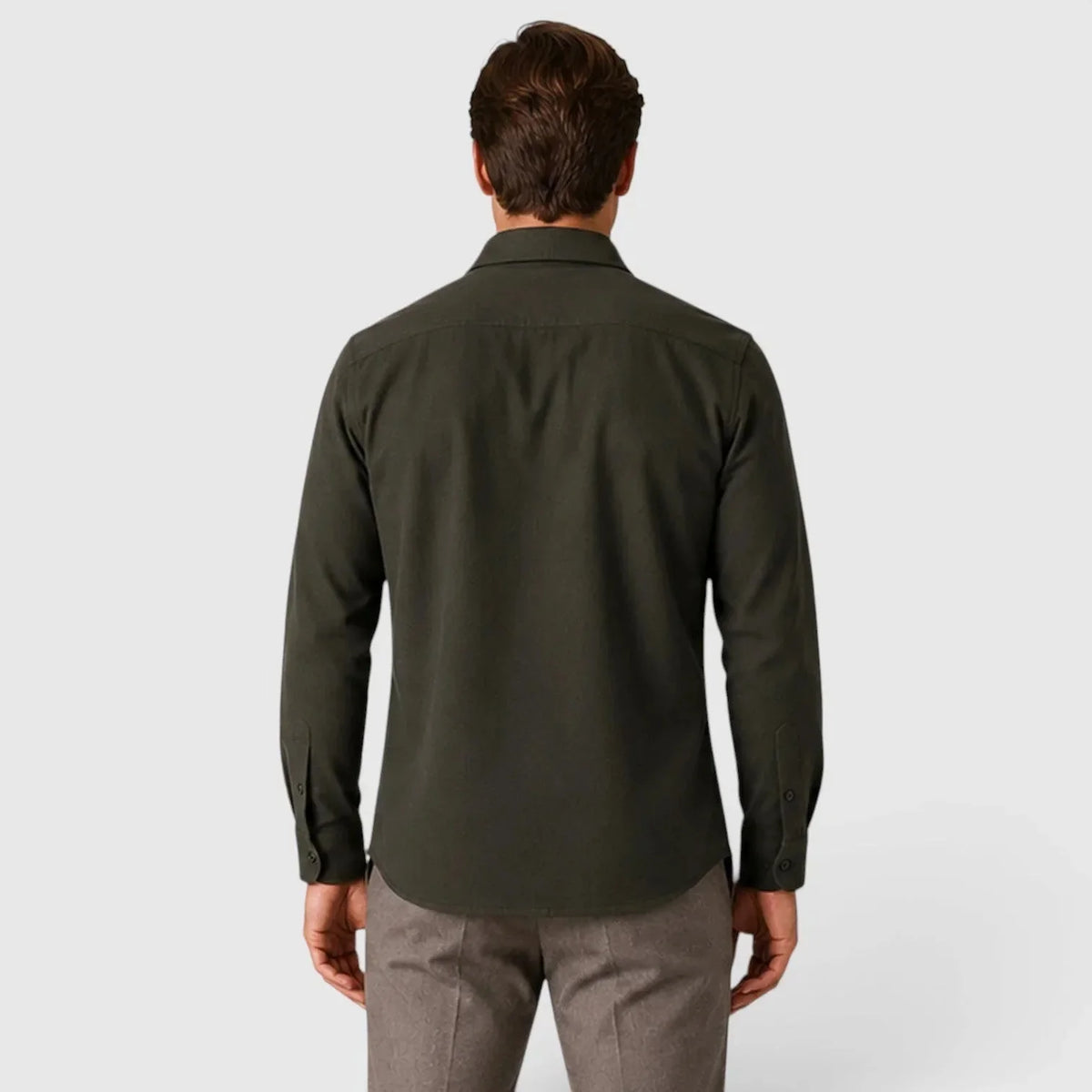 Men's Slim Fit Overshirt with Mandarin Collar & Soft Brushed Cotton Feel - Green Back Plain