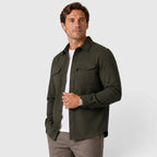 Men's Slim Fit Overshirt with Mandarin Collar & Soft Brushed Cotton Feel - Green Front Plain