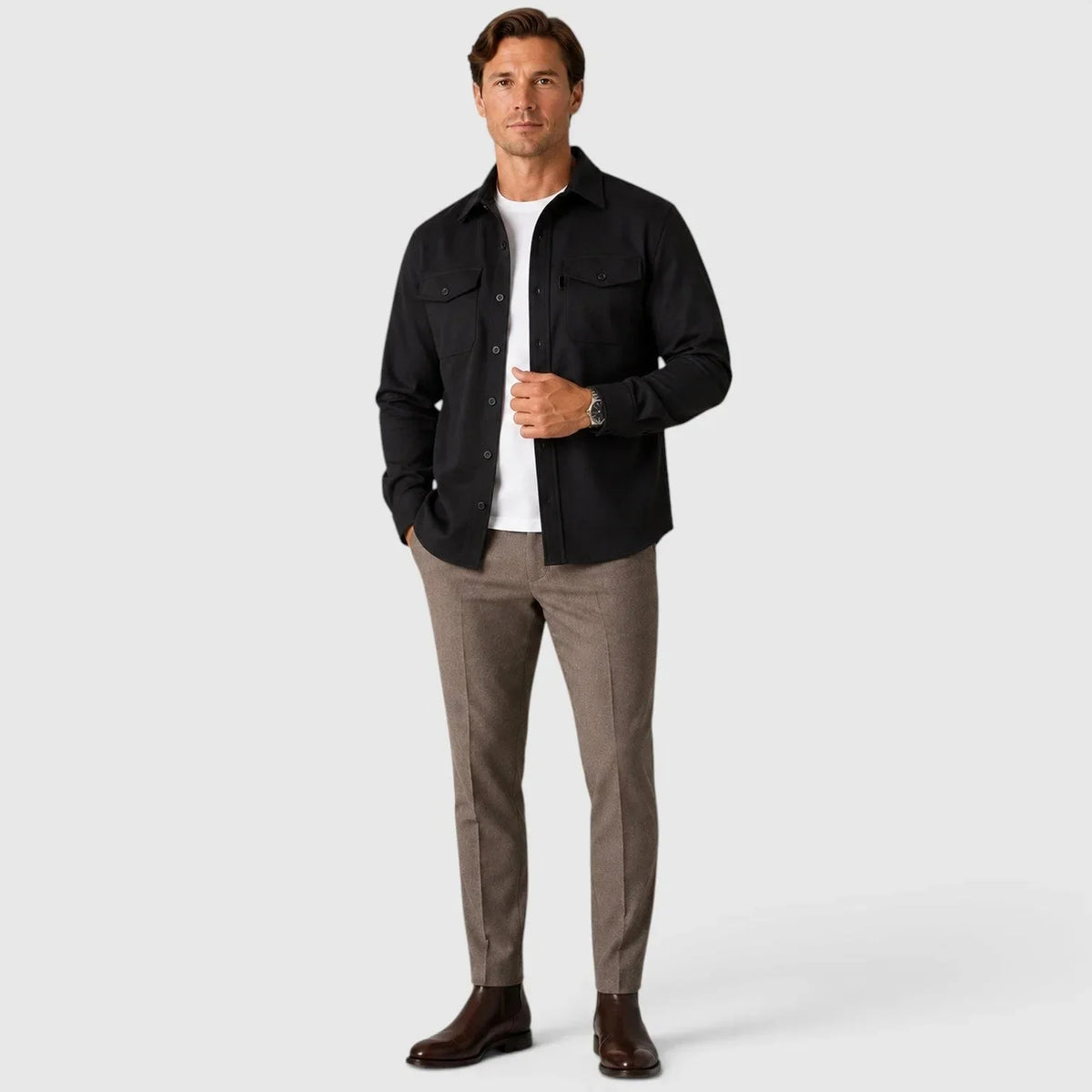 Men's Slim Fit Overshirt with Mandarin Collar & Soft Brushed Cotton Feel - Full Body Formal
