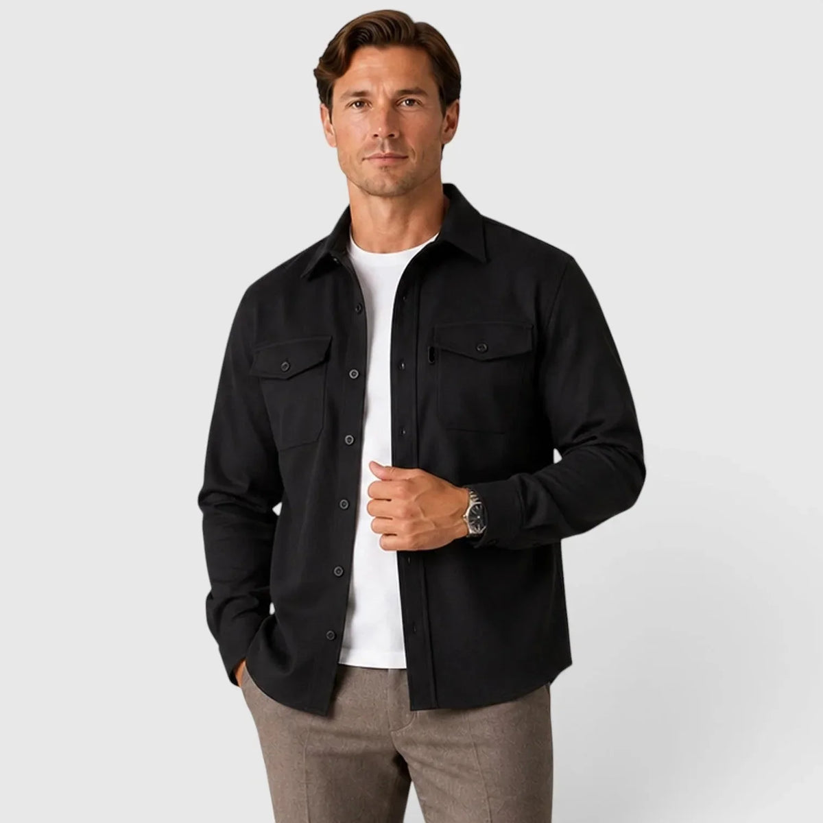 Black Men's Slim Fit Overshirt with Mandarin Collar & Soft Brushed Cotton Feel