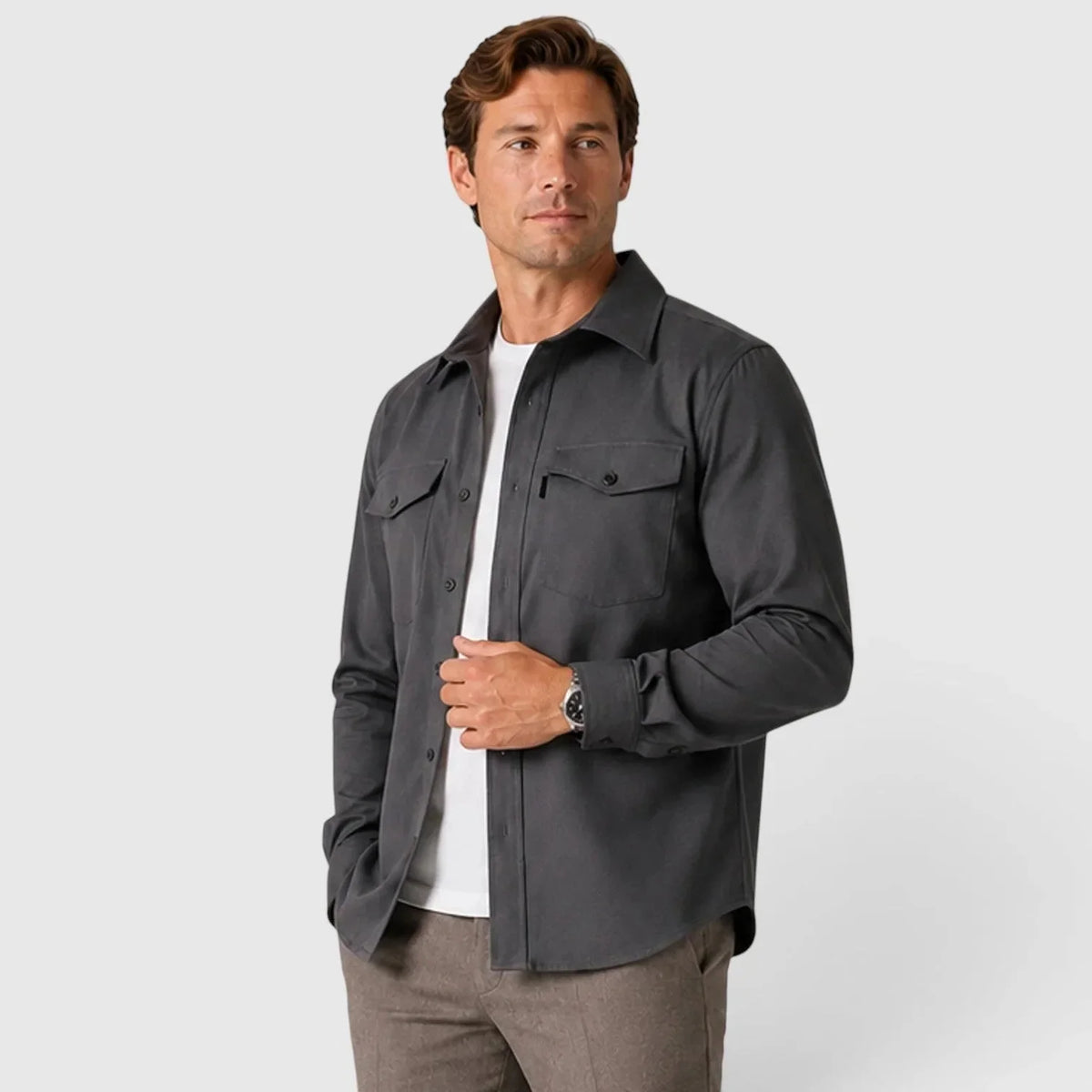 Men's Slim Fit Overshirt with Mandarin Collar & Soft Brushed Cotton Feel - Front Close 2