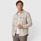Men's Slim Fit Overshirt with Mandarin Collar & Soft Brushed Cotton Feel - Apricot Front Close