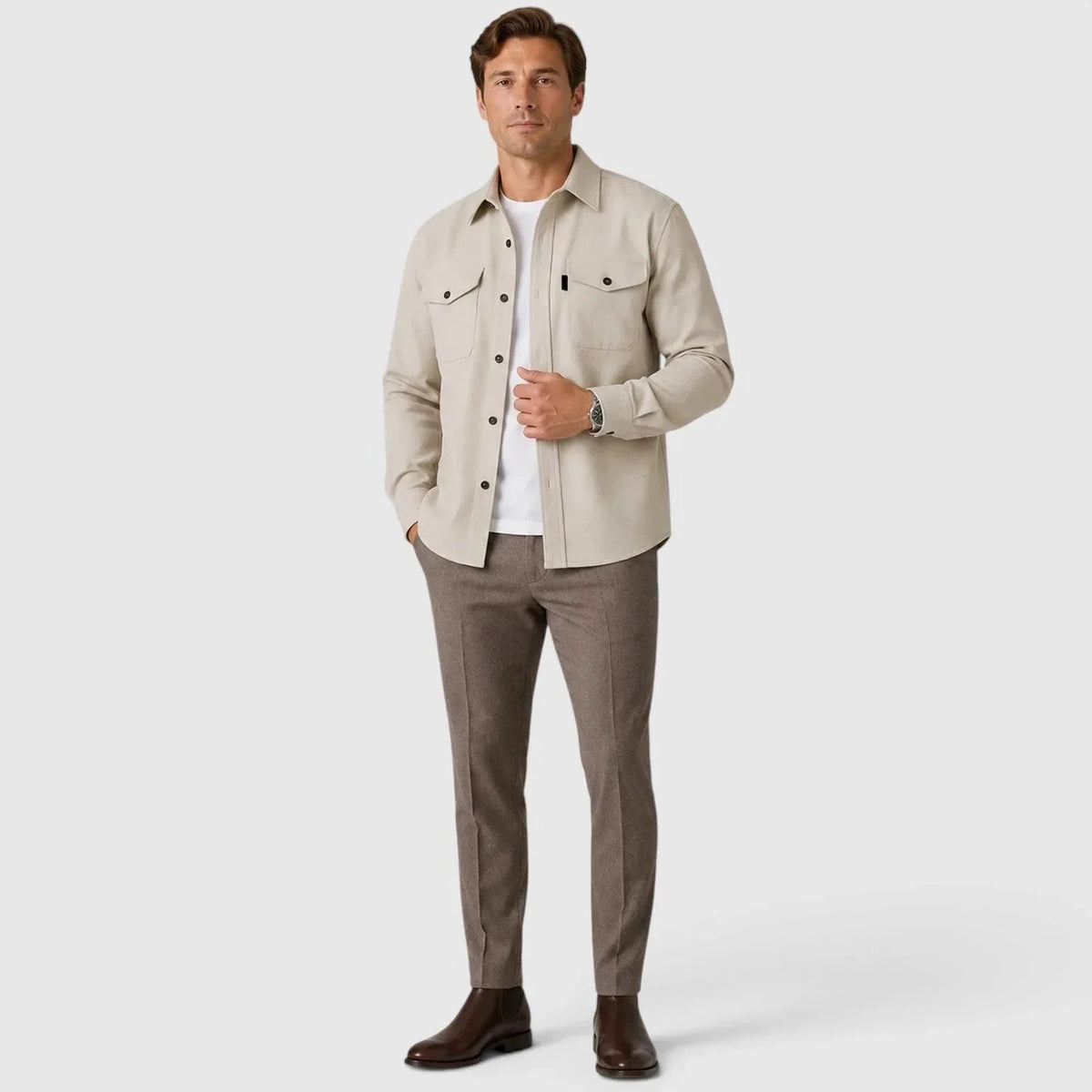 Men's Slim Fit Overshirt with Mandarin Collar & Soft Brushed Cotton Feel - Apricot Full Body Pose