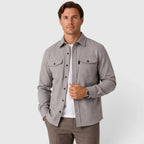 Light Grey Men's Slim Fit Overshirt with Mandarin Collar & Soft Brushed Cotton Feel - Front Full
