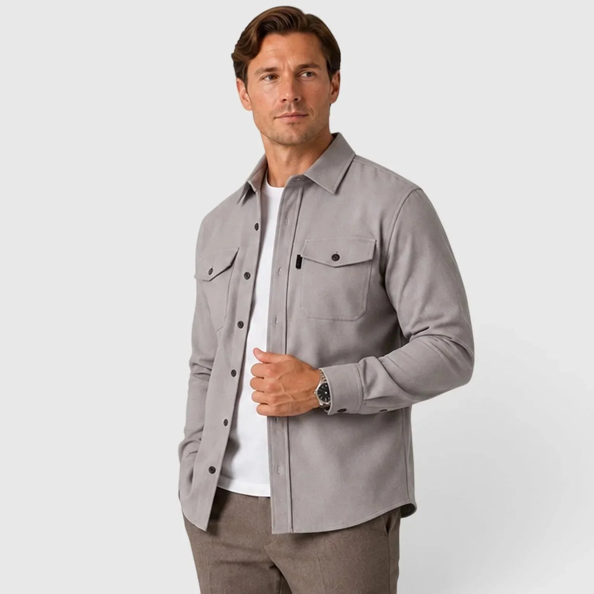 Men's Slim Fit Overshirt with Mandarin Collar & Soft Brushed Cotton Feel - Front Turn