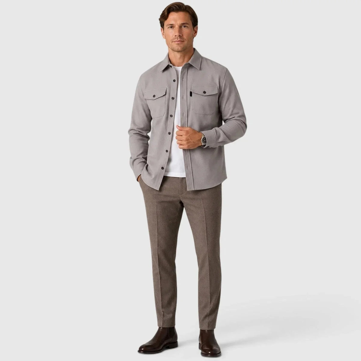 Men's Slim Fit Overshirt with Mandarin Collar & Soft Brushed Cotton Feel - Full Body Walk