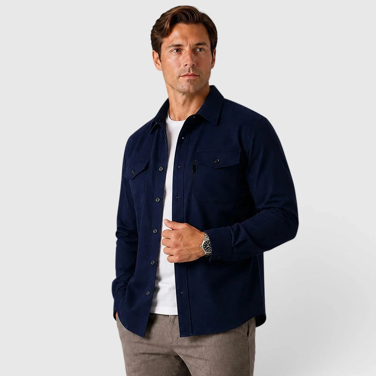 Men's Slim Fit Overshirt with Mandarin Collar & Soft Brushed Cotton Feel - Front Angle