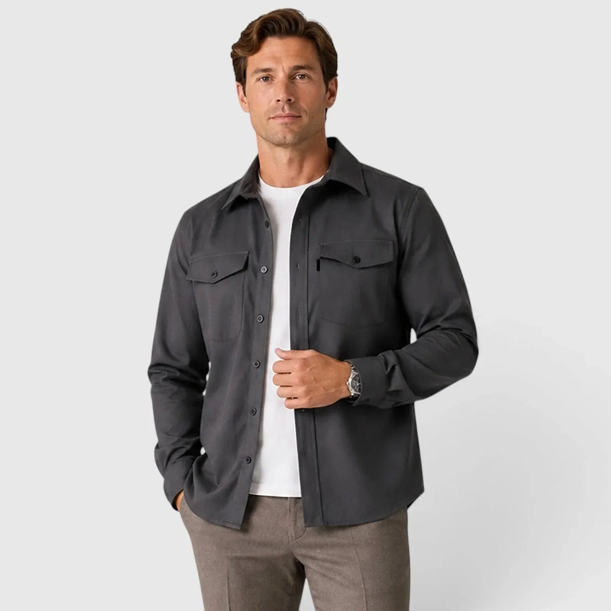 Dark Grey Men's Slim Fit Overshirt with Mandarin Collar & Soft Brushed Cotton Feel