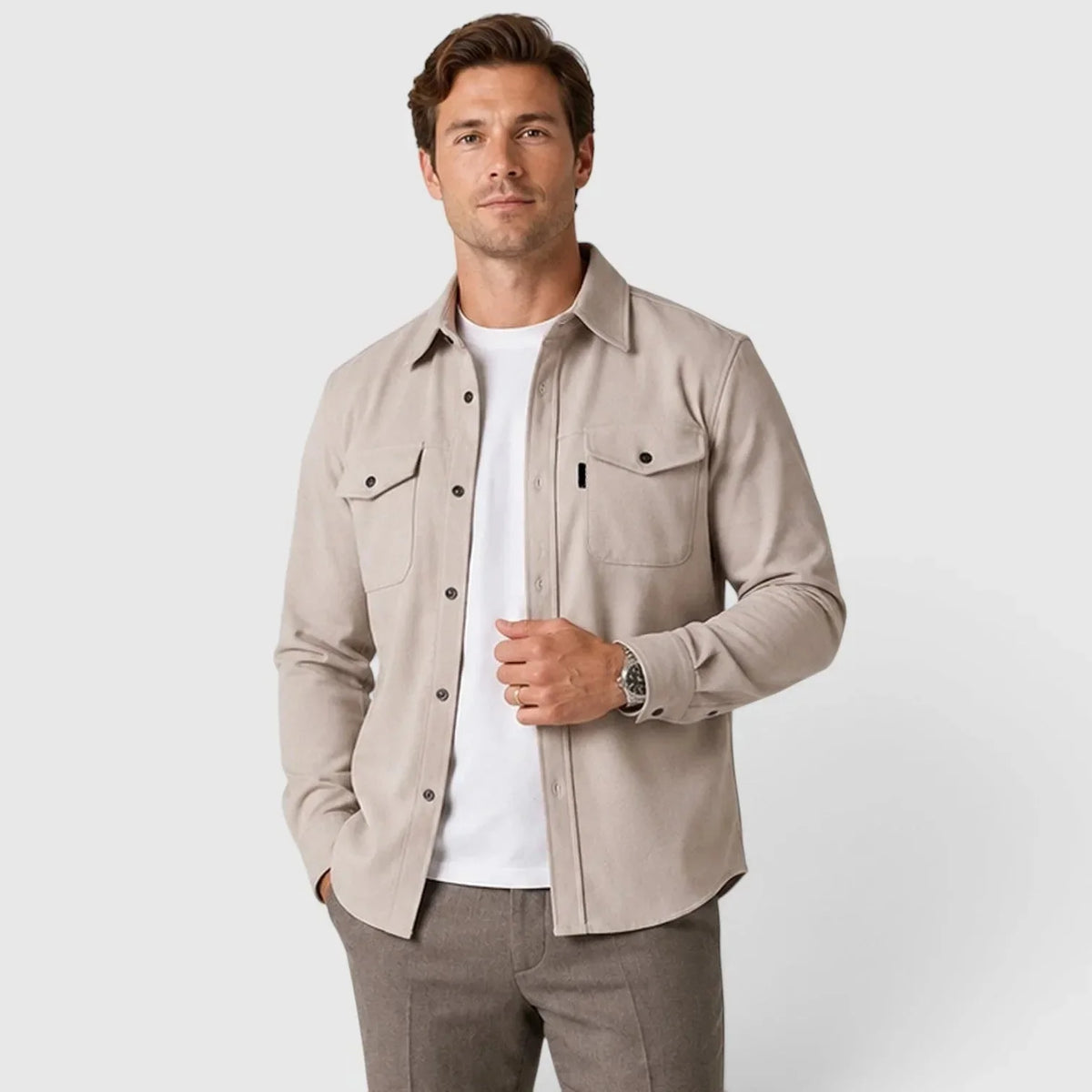 Light Apricot Men's Slim Fit Overshirt with Mandarin Collar & Soft Brushed Cotton Feel