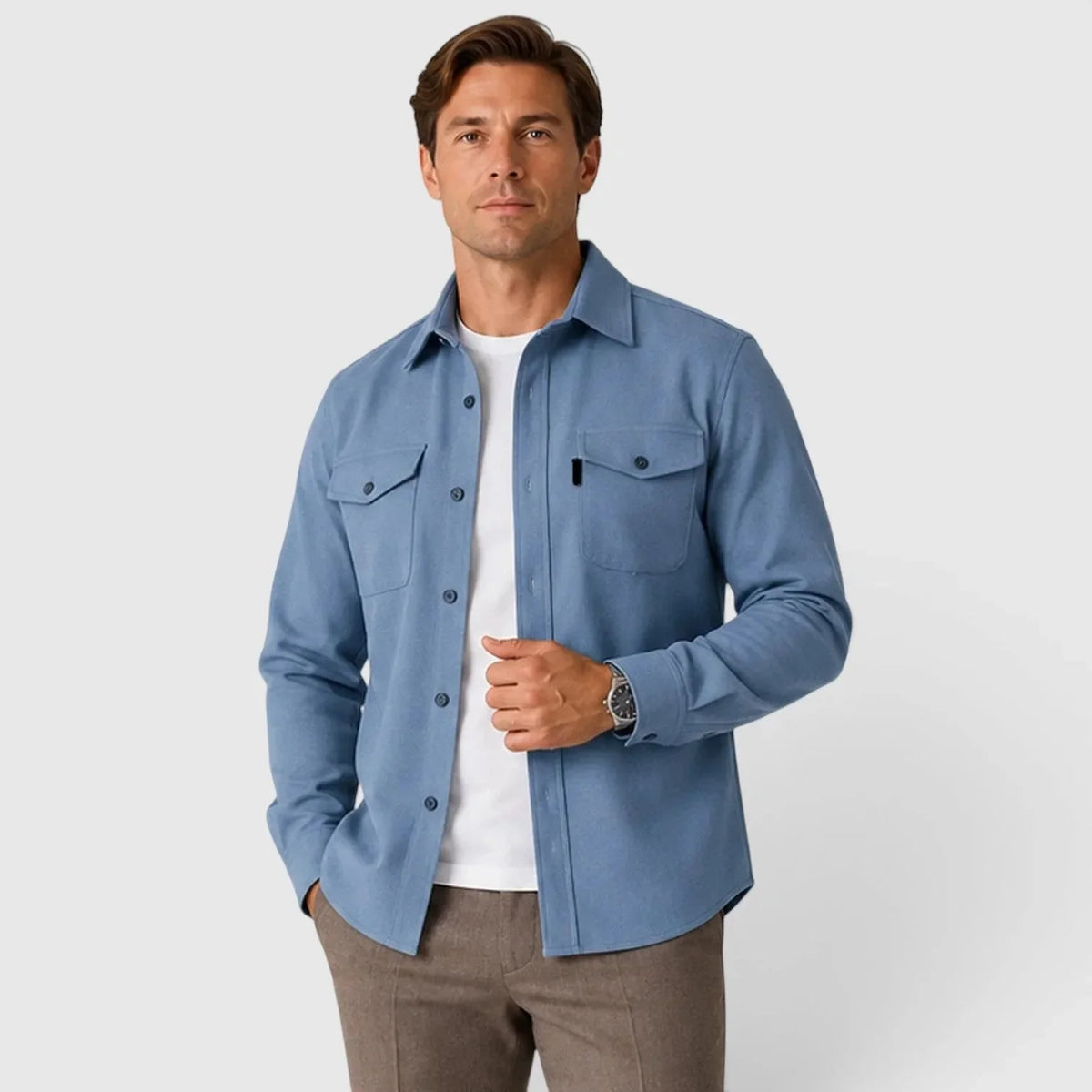 Sea Blue Men's Slim Fit Overshirt with Mandarin Collar & Soft Brushed Cotton Feel
