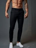 Men's Slim Fit Chinos with Tapered Leg & Flat Front - Close Up Front Shirtless