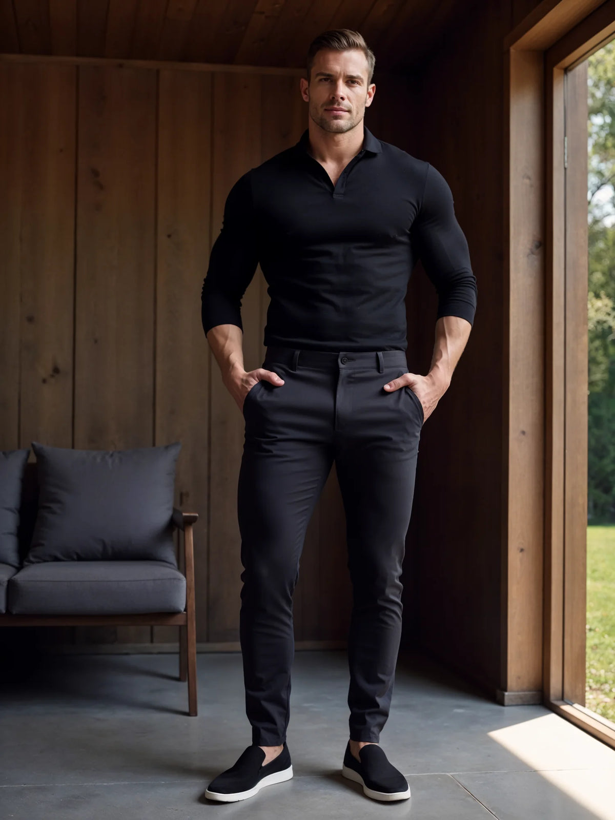 Men's Slim Fit Chinos with Tapered Leg & Flat Front - Front Full Outdoor