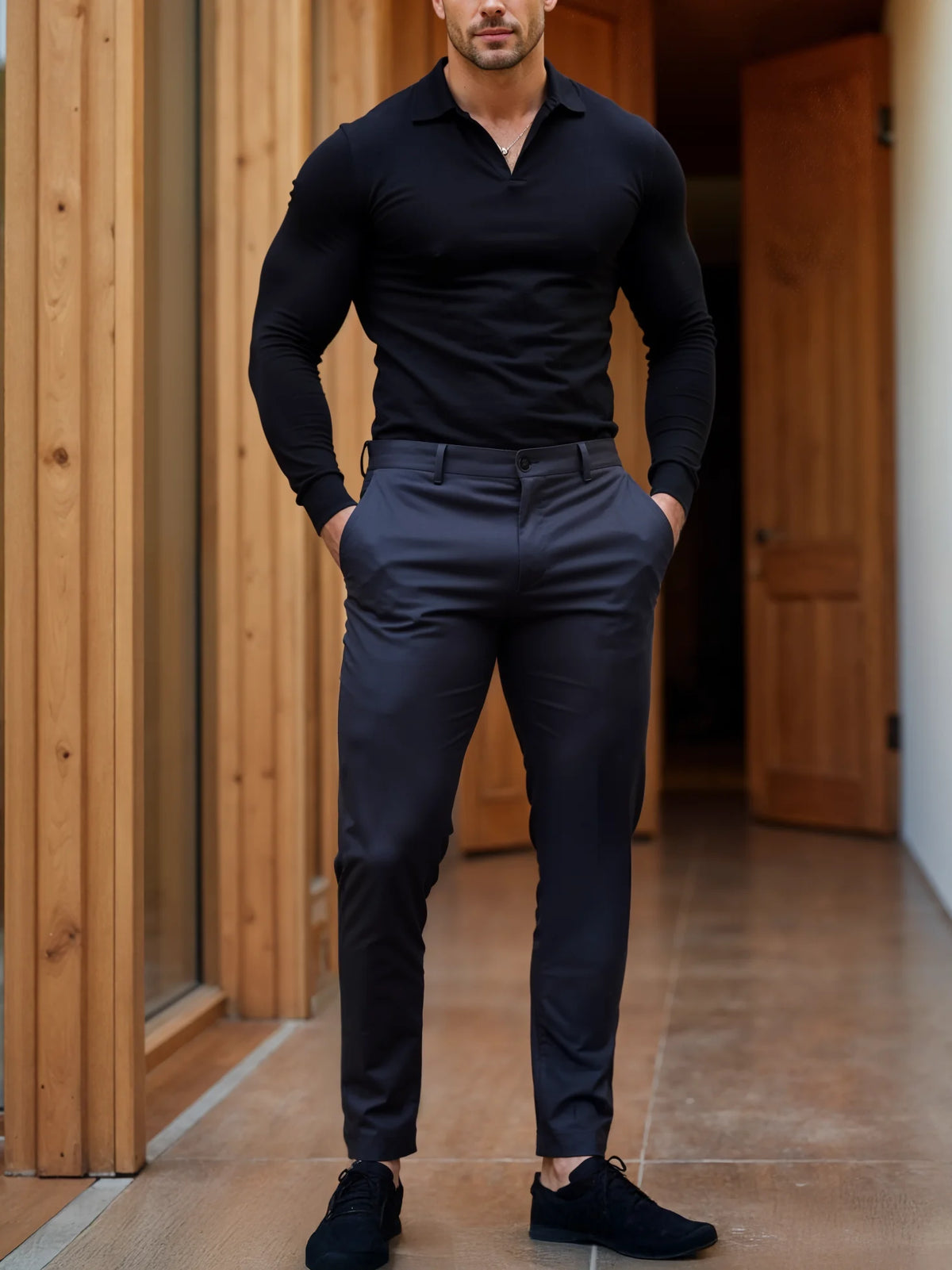 Men's Slim Fit Chinos with Tapered Leg & Flat Front - Front Standing Indoor