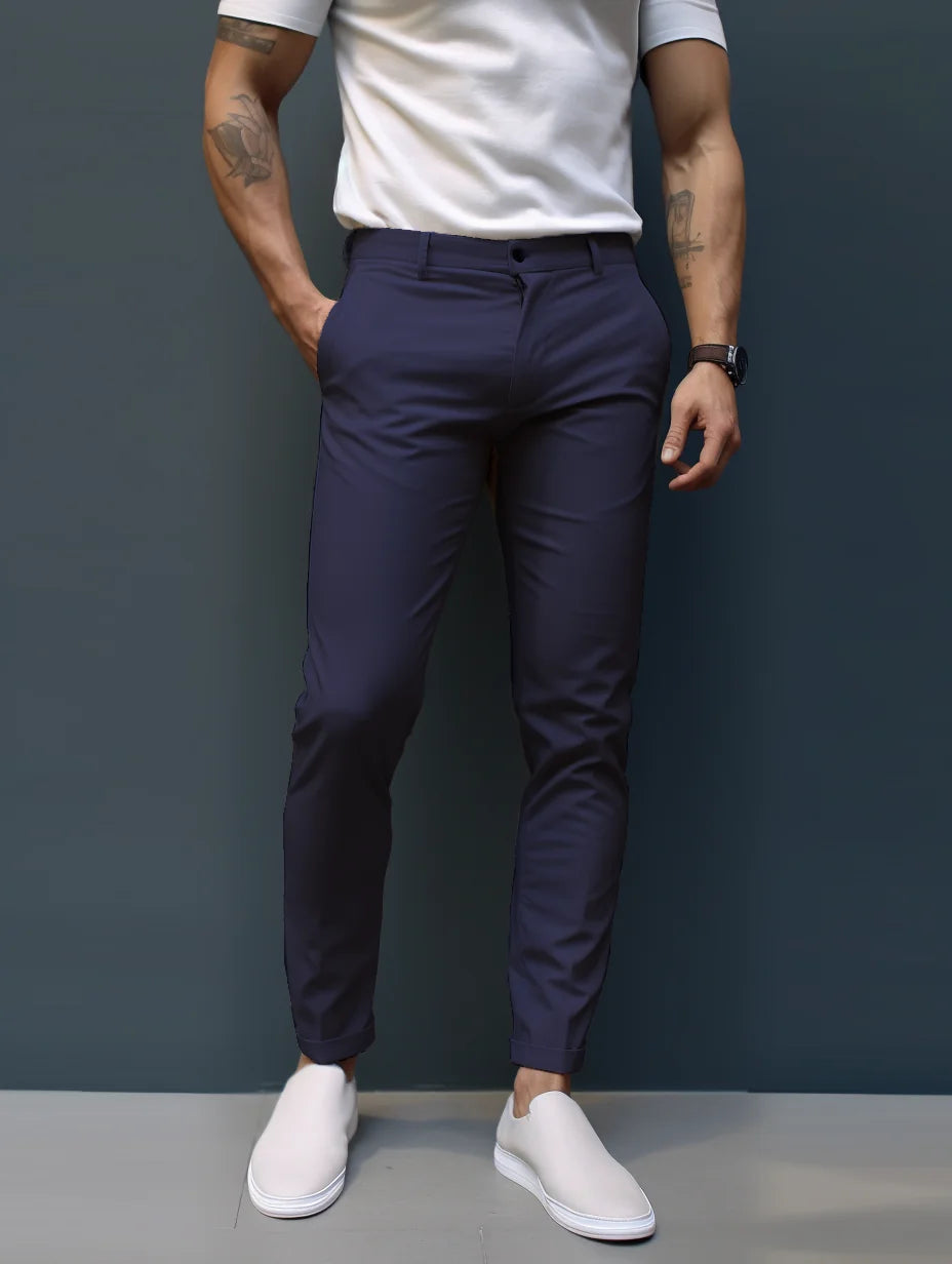 Navy Blue Men's Slim Fit Chinos with Tapered Leg & Flat Front