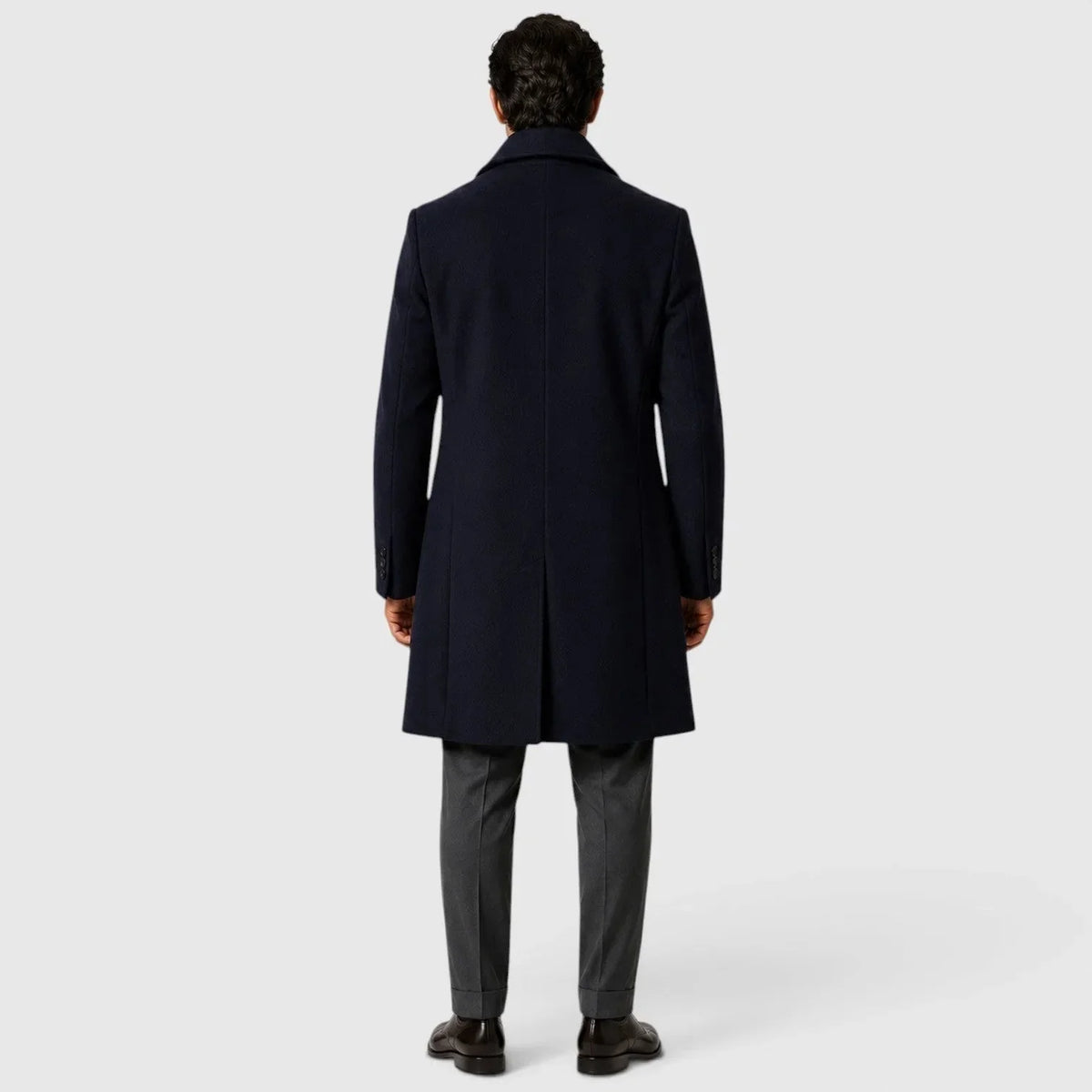Navy Blue Men's Slim Fit Trench Coat with Button Closure & Notched Lapel - Back Full