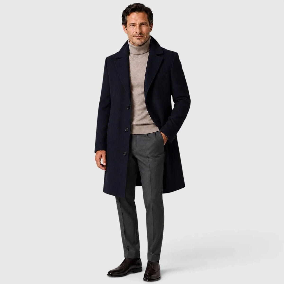 Men's Slim Fit Trench Coat with Button Closure & Notched Lapel - Front Detail