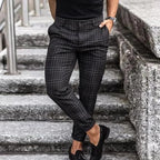 Black Men's Slim-Fit Plaid Trousers with Button-Front Closure — Brody