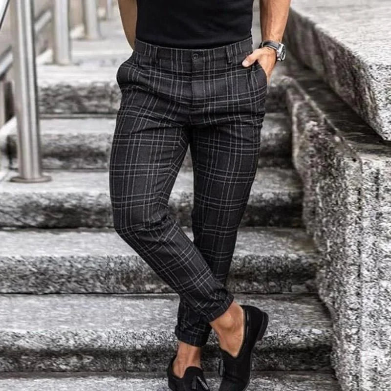 Black Men's Slim-Fit Plaid Trousers with Button-Front Closure — Brody