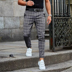 Dark Grey Men's Slim-Fit Plaid Trousers with Button-Front Closure — Brody