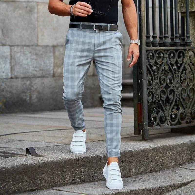Grey Men's Slim-Fit Plaid Trousers with Button-Front Closure — Brody