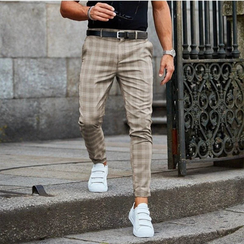Khaki Men's Slim-Fit Plaid Trousers with Button-Front Closure — Brody