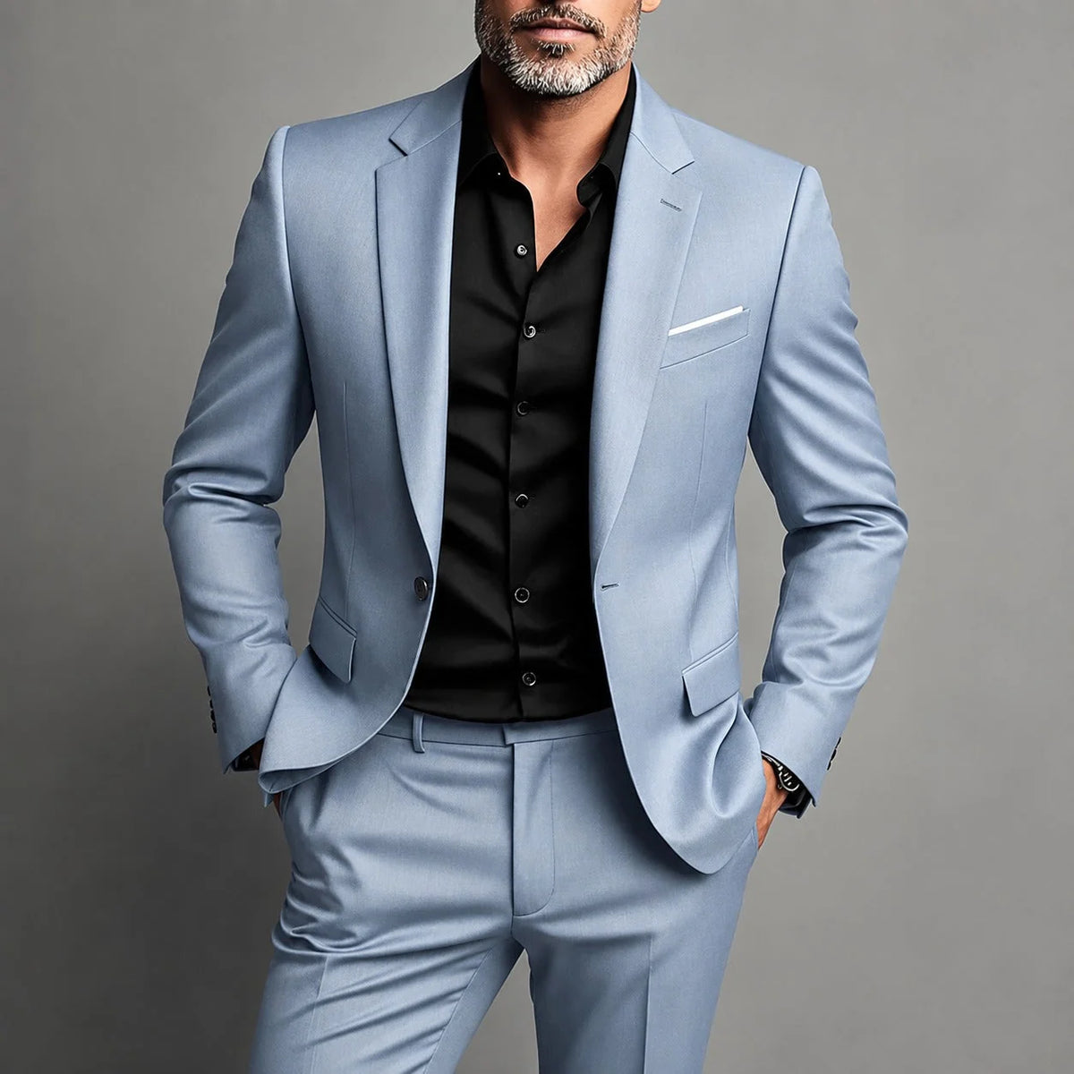Light Blue Men's Slim Fit Two Piece Suit with Notch Lapel & Single-Button Blazer