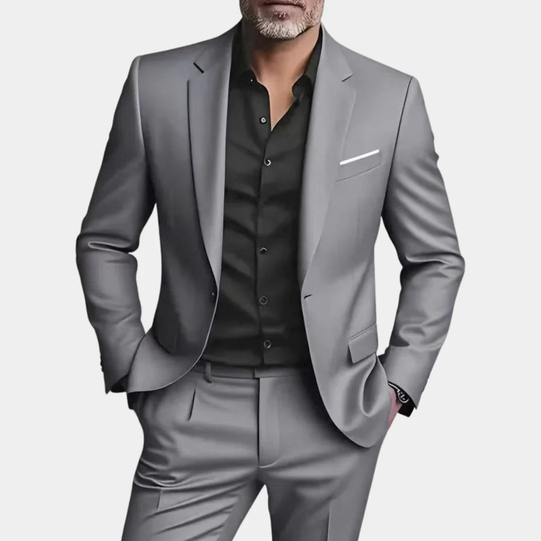 Light Gray Men's Slim Fit Two Piece Suit with Notch Lapel & Single-Button Blazer