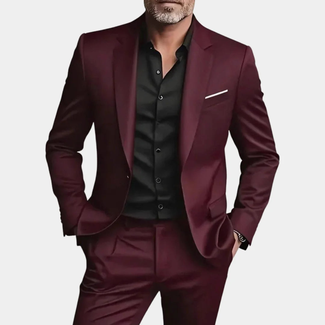 Wine Red Men's Slim Fit Two Piece Suit with Notch Lapel & Single-Button Blazer