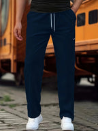 Dark Blue Men's Sport Pants with Drawstring Waist & Side Pockets - Front Pose
