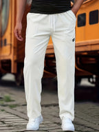 White Men's Sport Pants with Drawstring Waist & Side Pockets - Front Standing