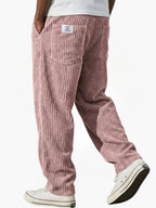 Brown Men's Corduroy Pants with Elastic Waist & Straight Fit — Nathan - Back Pose Pink