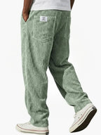 Light Green Men's Corduroy Pants with Elastic Waist & Straight Fit — Nathan - Back Walking Pose