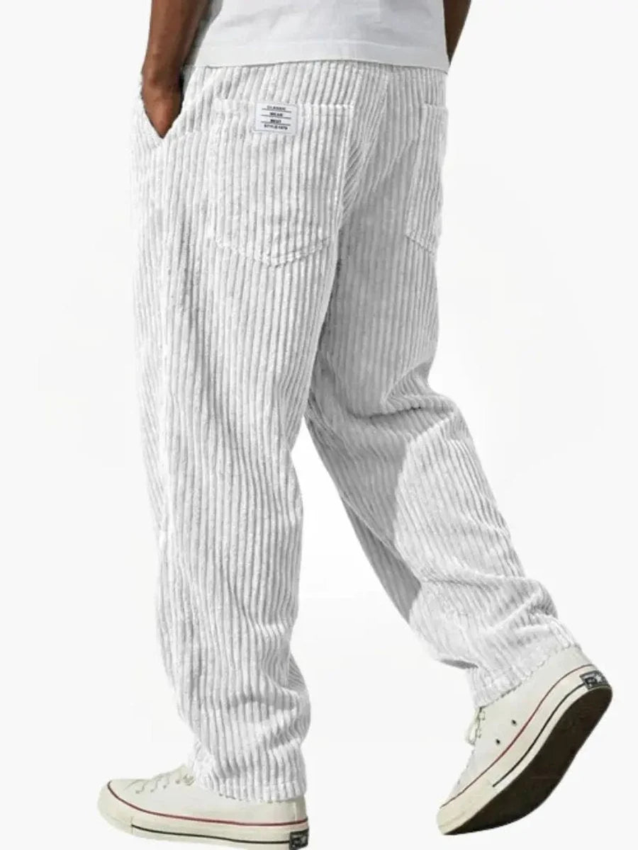 White Men's Corduroy Pants with Elastic Waist & Straight Fit — Nathan - Back Full Studio