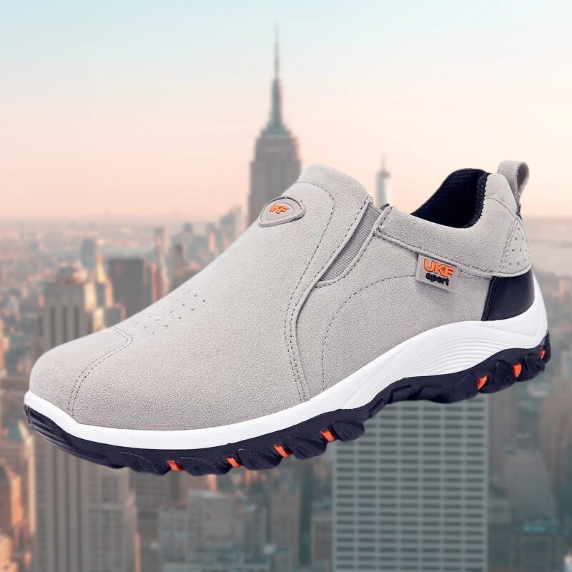 Gray Men's Suede Walking Shoes — Silas Cushioned Slip-On Lightweight - Three Quarter View