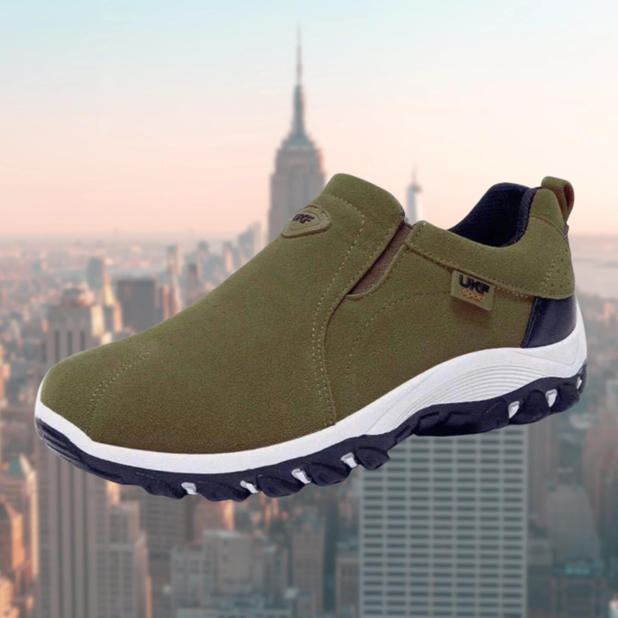 Green Men's Suede Walking Shoes — Silas Cushioned Slip-On Lightweight - Angled View