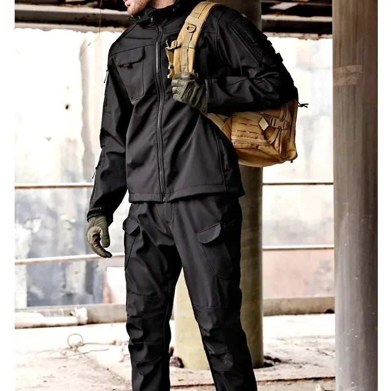 Men's Windproof Outdoor Set with Hooded Jacket & Multi-Pocket Cargo Pants - Worn Lifestyle Front
