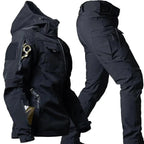 Black Men's Windproof Outdoor Set with Hooded Jacket & Multi-Pocket Cargo Pants