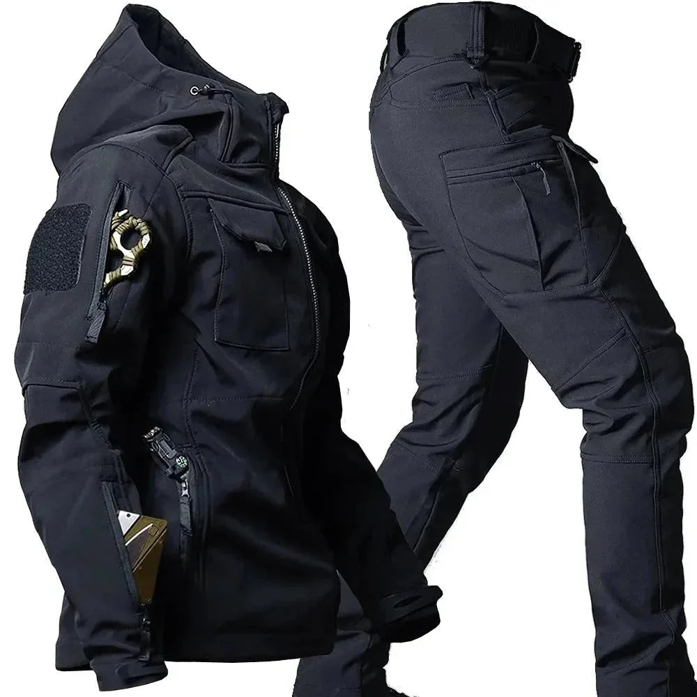 Black Men's Windproof Outdoor Set with Hooded Jacket & Multi-Pocket Cargo Pants